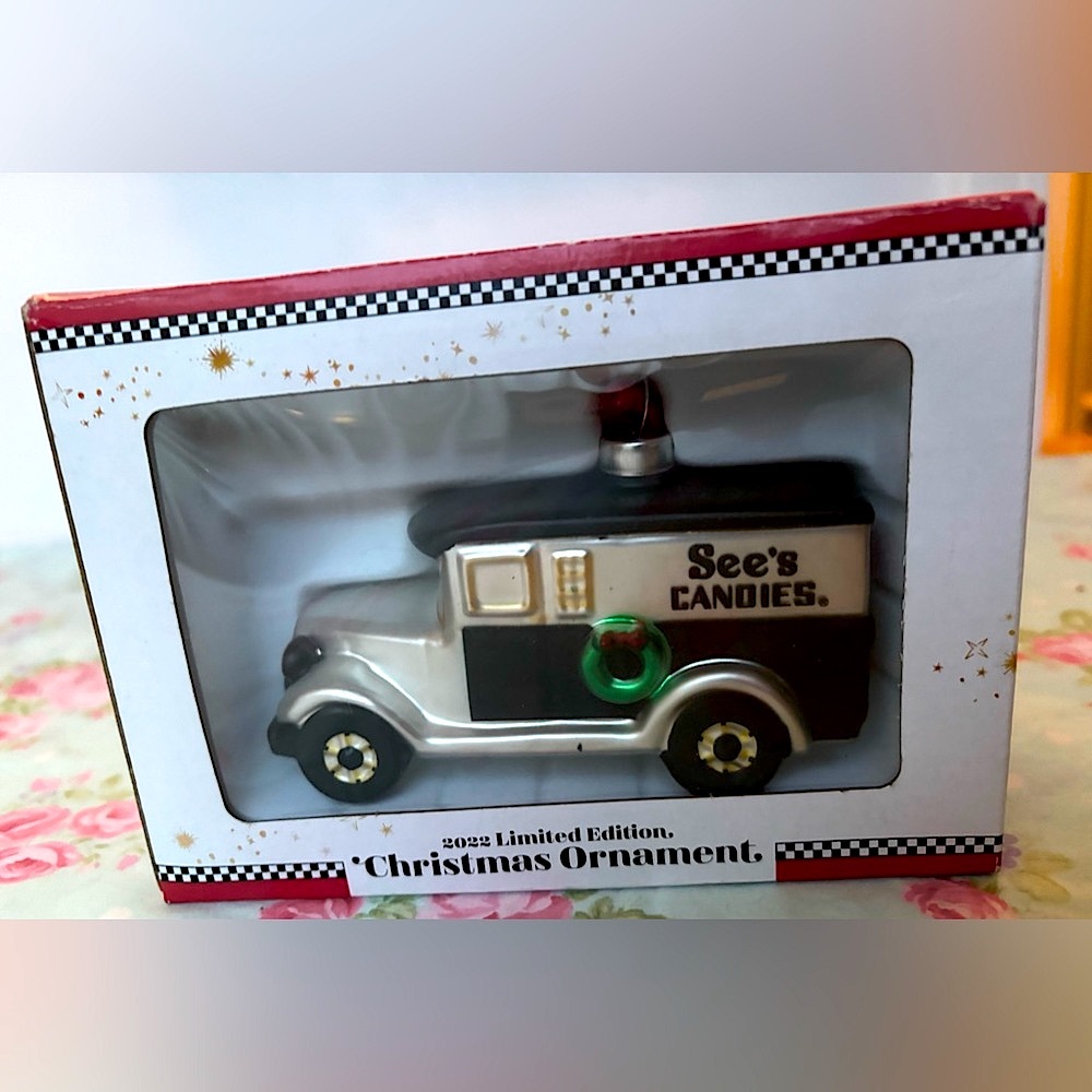 See's Candies Holiday Truck Glass Decoration & Ornament NWT -  2” Tall x 4” Long